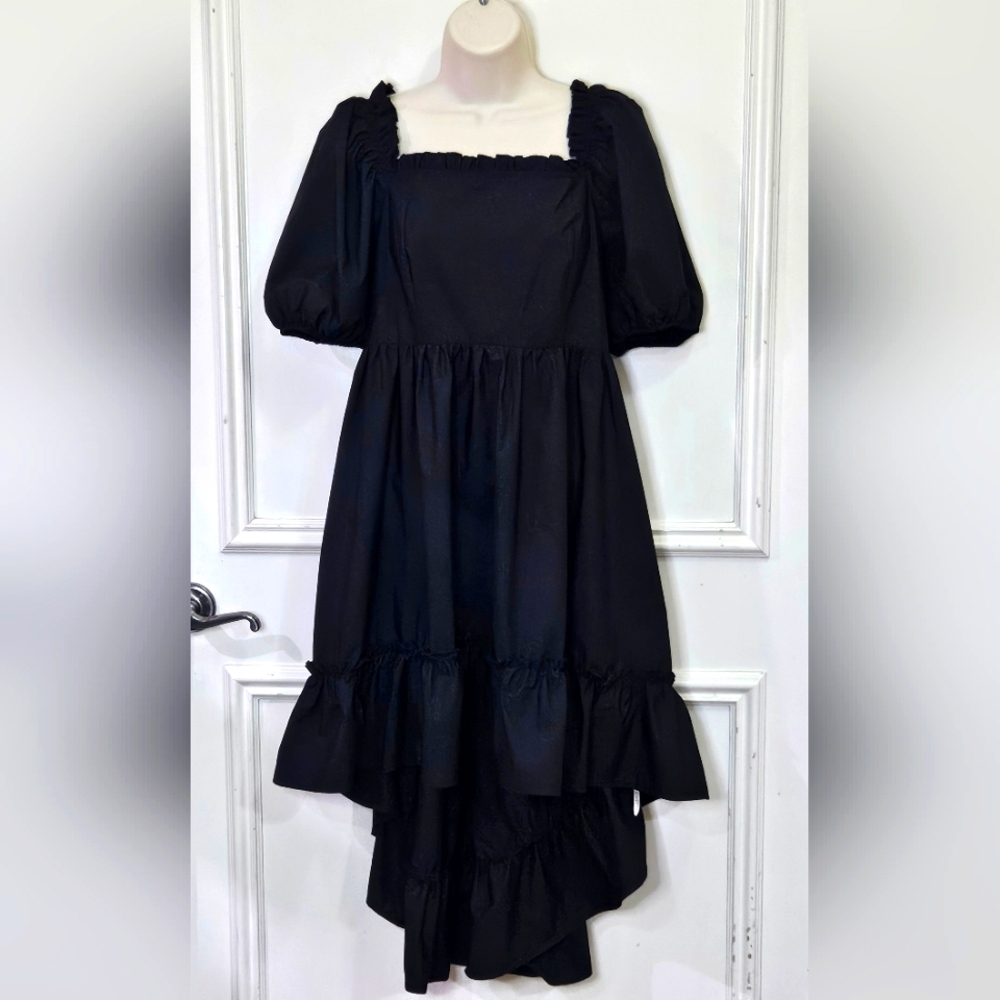Romwe Black Puff Sleeve High/ Low Dress w/Purple Ribbon Cross Strap,Size 1XL,NWT